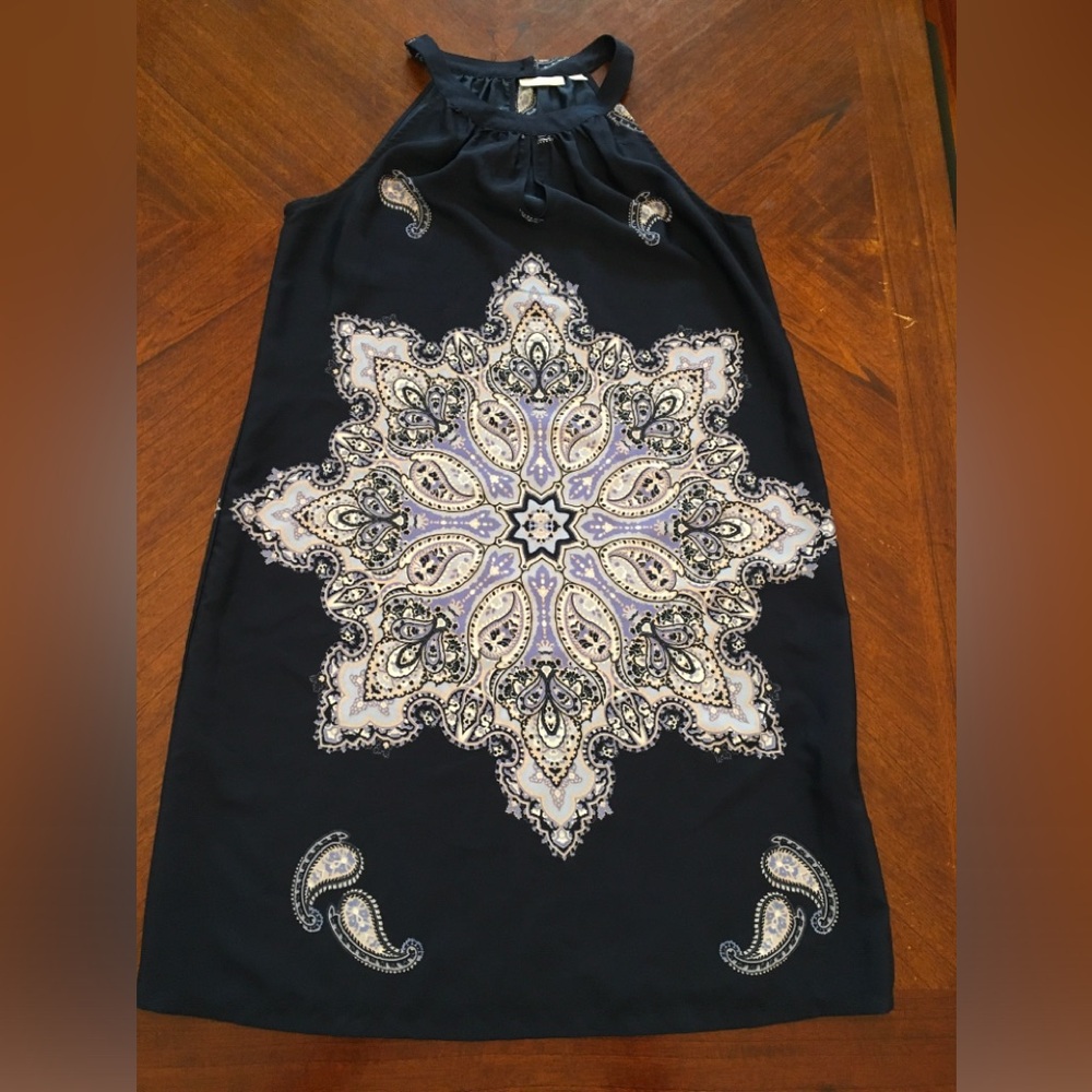 New York & Company Navy Dress with Cream and Light Purple Paisley Trim